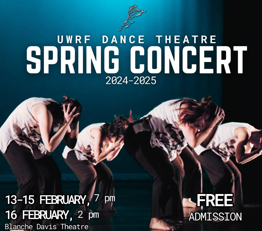 UWRF Dance Theatre Spring Concert poster with dates February 13 through February 15 at 7pm and February 16 at 2pm in the Blanche Davis Theatre. Admission is free.